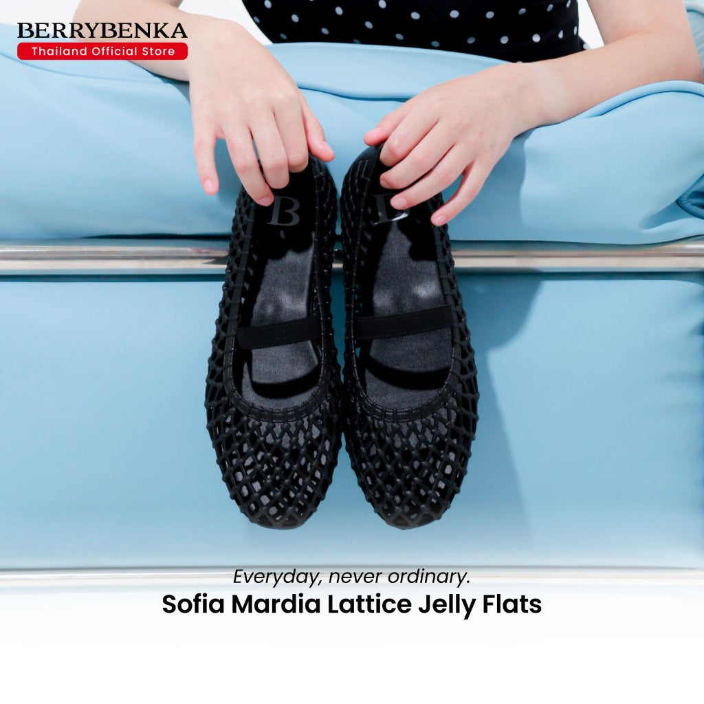 Berrybenka รองเท้าผู้หญิง รุ่น Sofia Mardia Lattice Jelly Flats รองเท้าตาข่าย แมรี่เจน (สี Black)